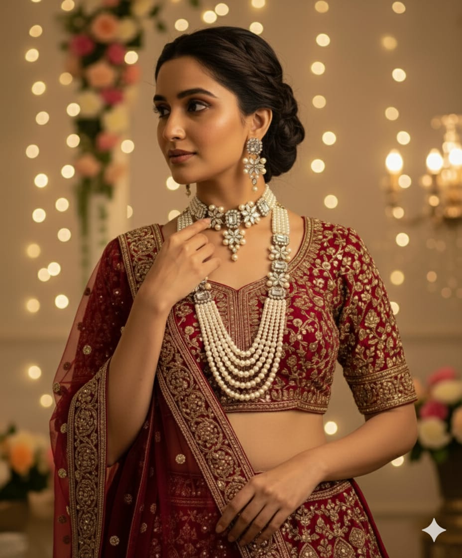 Luxury Bridal Pearl & Crystal Polki Choker Necklace Set with Long Layered Mala & Earrings