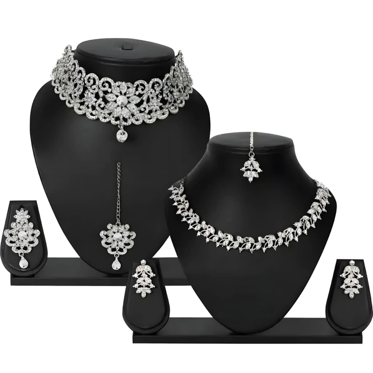 Set Of 2 Elegant Silver-Plated Bridal Necklace & Earring Set – Premium Wedding Jewelry Collection