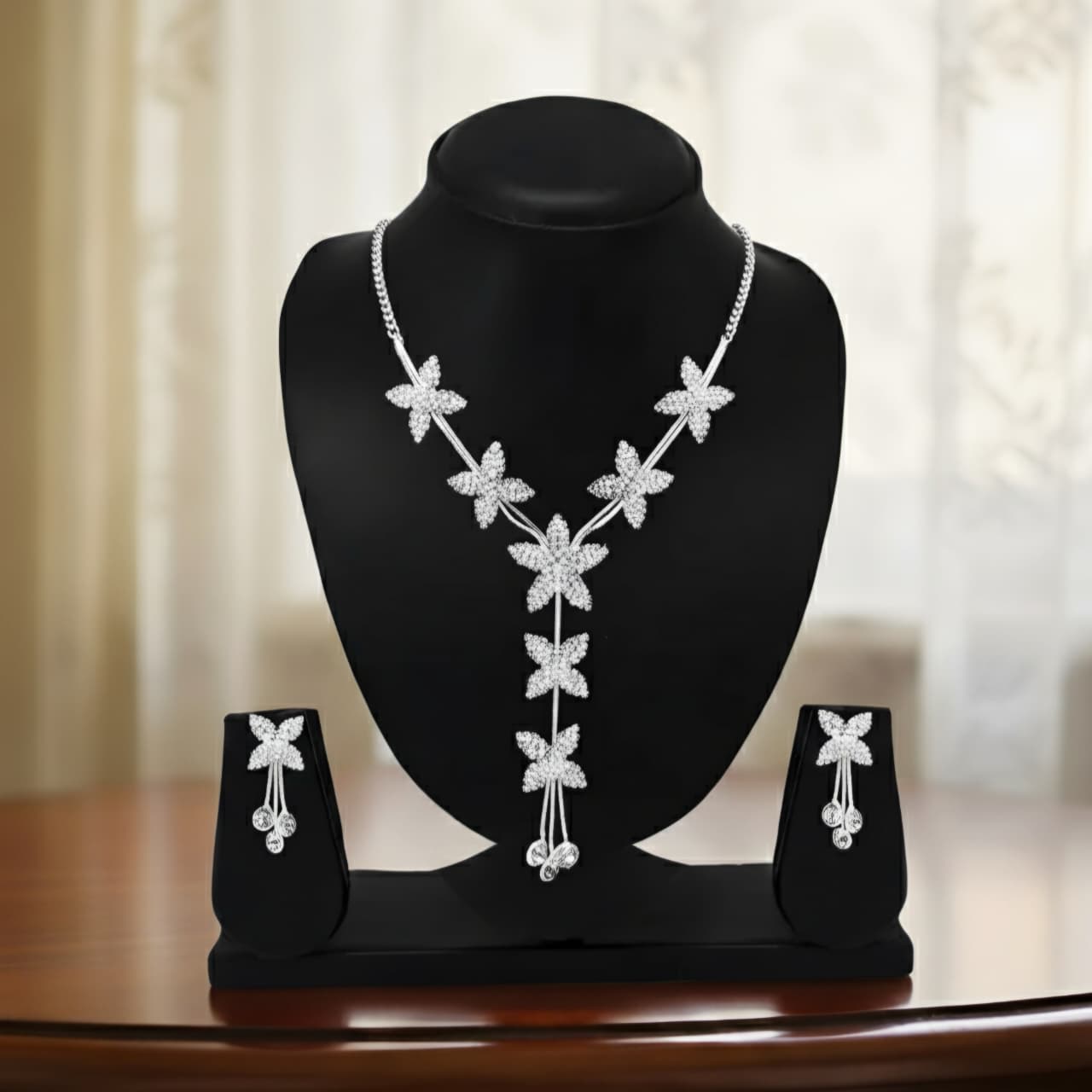 Elegant Modern Silver Floral Drop Necklace Set