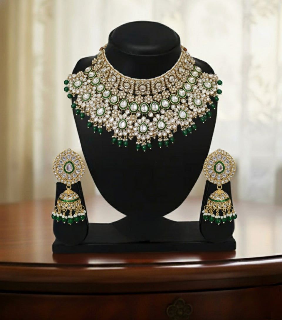 Exquisite Kundan & Meenakari Bridal Necklace Set with Premium Emerald Green Drops