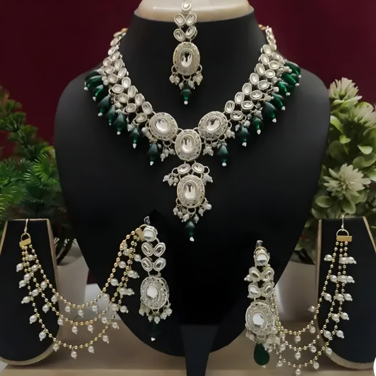 Royal Kundan Bridal Necklace Set with Green Beads, Earrings & Maang Tikka