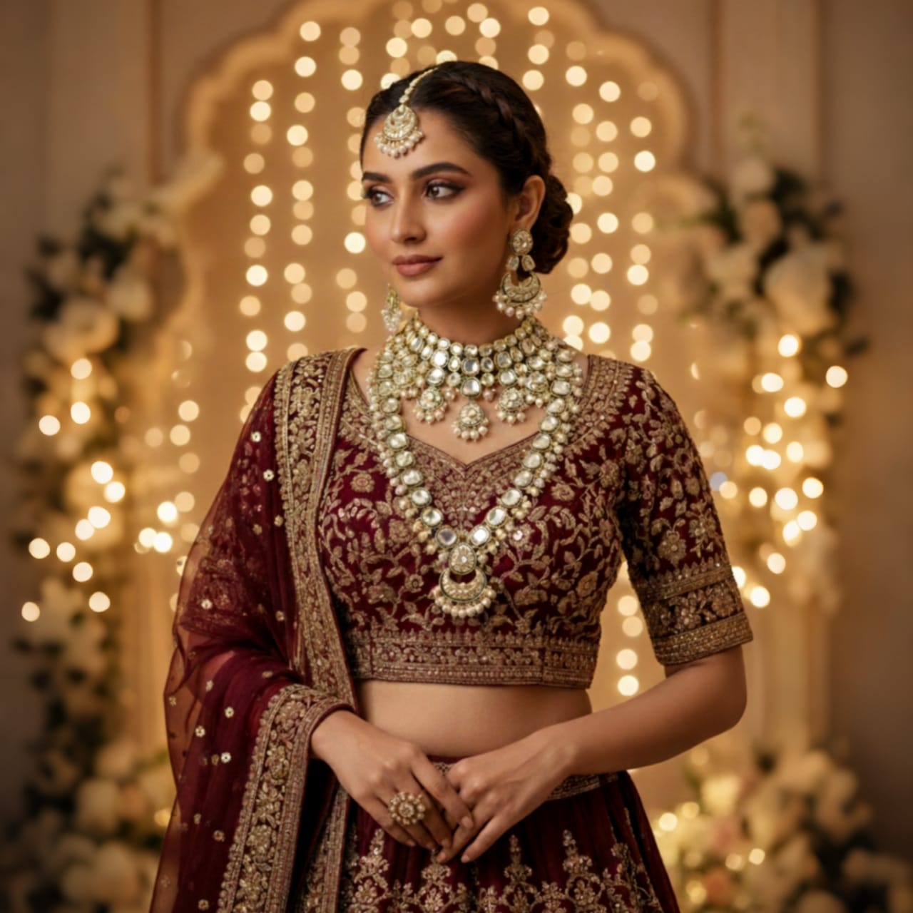 Luxurious long and short layered necklace design with matching earrings and maang tikka