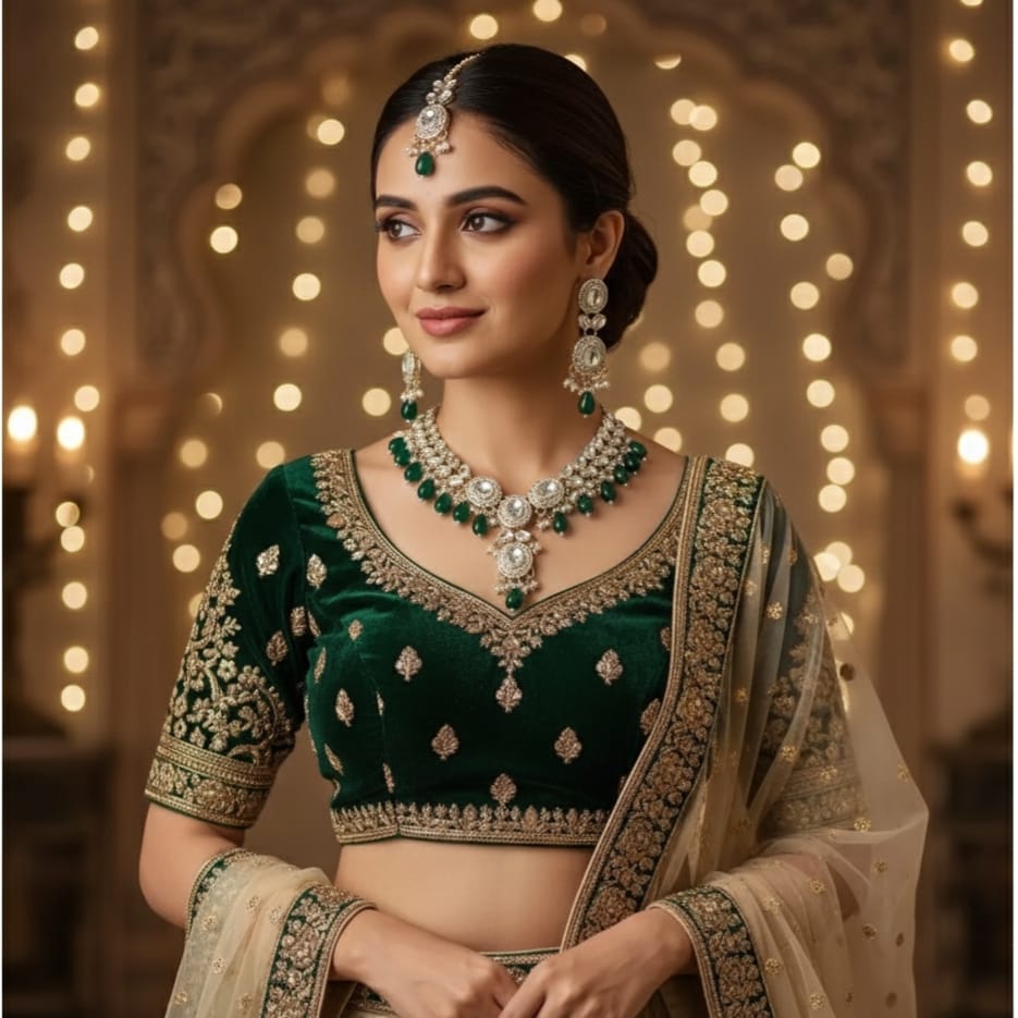 Royal Kundan Bridal Necklace Set with Green Beads, Earrings & Maang Tikka