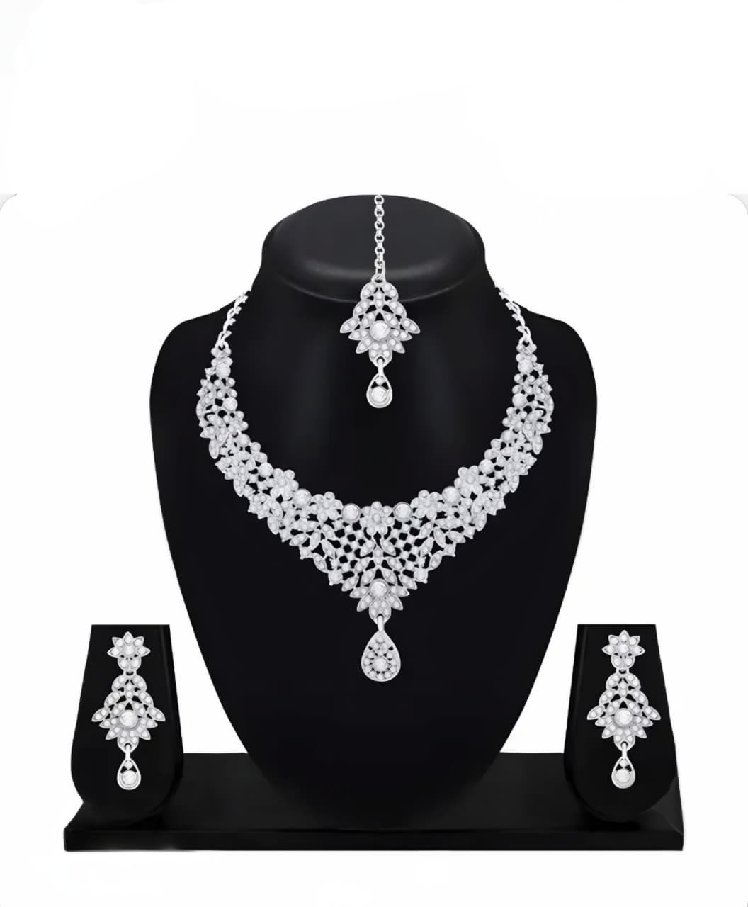 Sparkling White Stone Bridal Necklace Set with Earrings & Maang Tikka – Wedding Jewelry