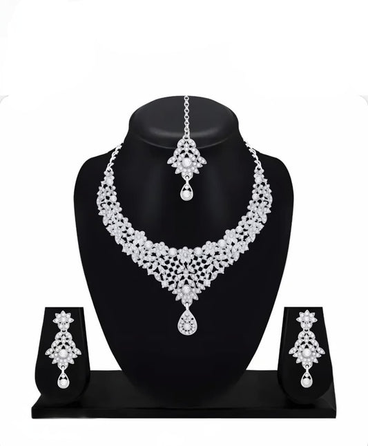 Sparkling White Stone Bridal Necklace Set with Earrings & Maang Tikka – Wedding Jewelry