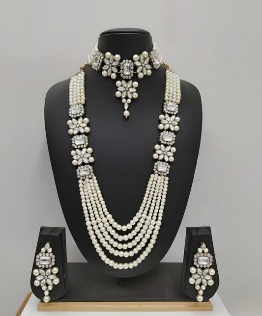 Luxury Bridal Pearl & Crystal Polki Choker Necklace Set with Long Layered Mala & Earrings