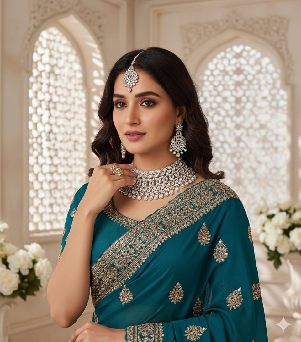 Grand Bridal Choker Necklace Set with Earrings & Maang Tikka – Heavy Stone Wedding Jewelry