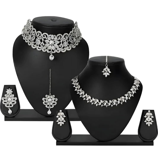 Set Of 2 Elegant Silver-Plated Bridal Necklace & Earring Set – Premium Wedding Jewelry Collection