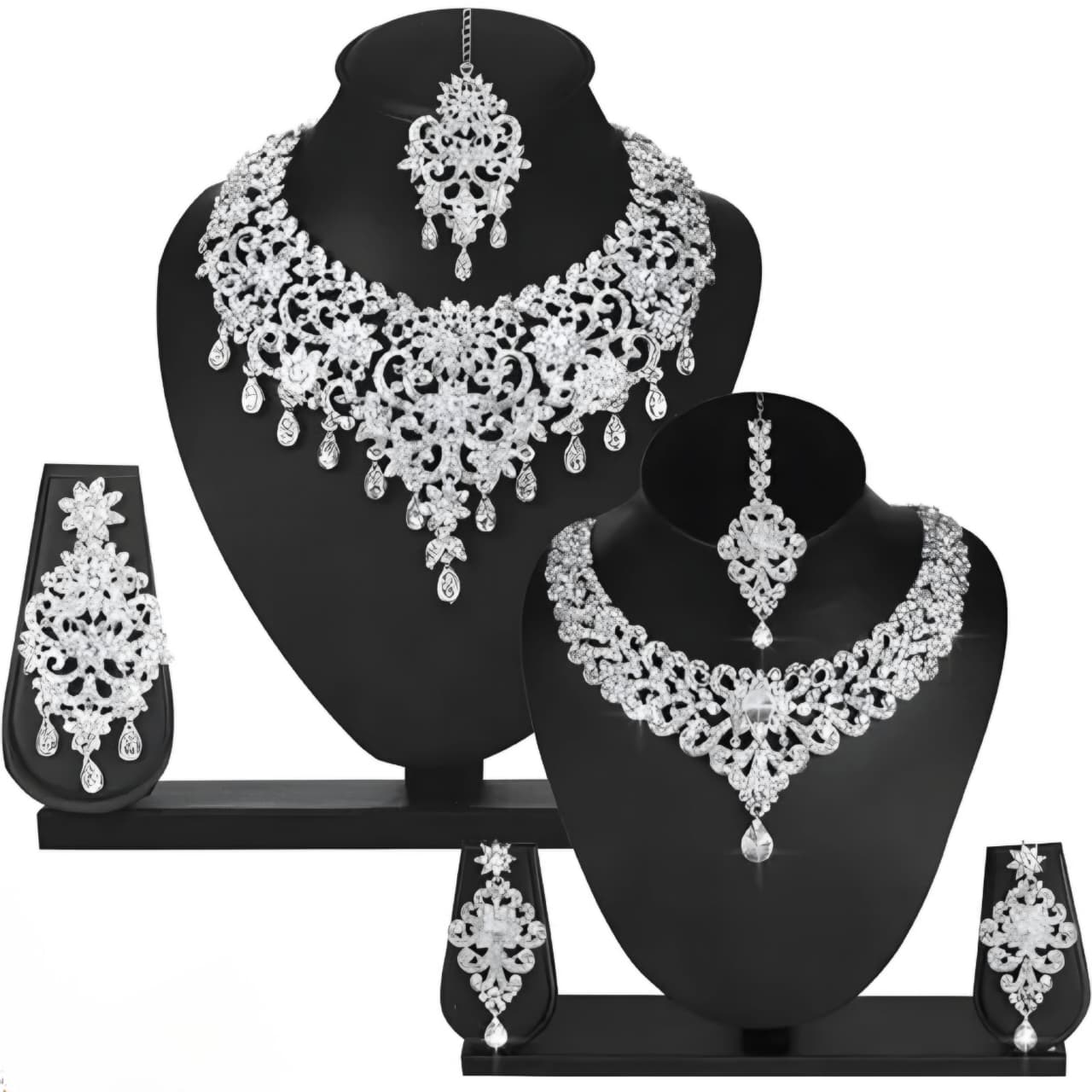 "Royal Bridal Diamond Finish Necklace & Earring Set – Exquisite Heavy Wedding Collection" Set of 2