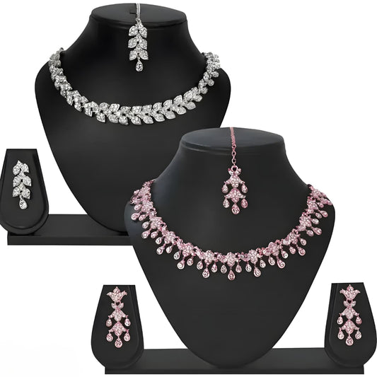 2 Set of "Elegant Crystal Bridal Necklace & Earring Set – Silver & Rose Pink Collection"