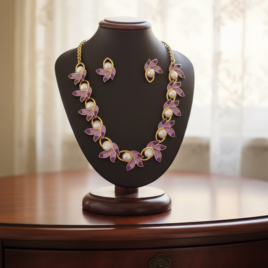 Elegant Modern Floral Pearl Blue & Purple Leaf Necklace Set