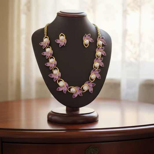 Elegant Modern Floral Pearl Blue & Purple Leaf Necklace Set