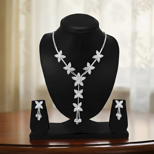 Elegant Modern Silver Floral Drop Necklace Set