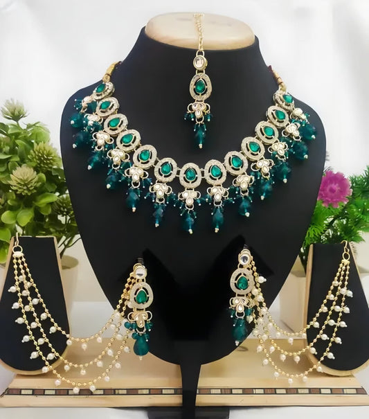 Elegant Green Stone & Pearl Bridal Jewelry Set – Necklace, Earrings & Maang Tikka