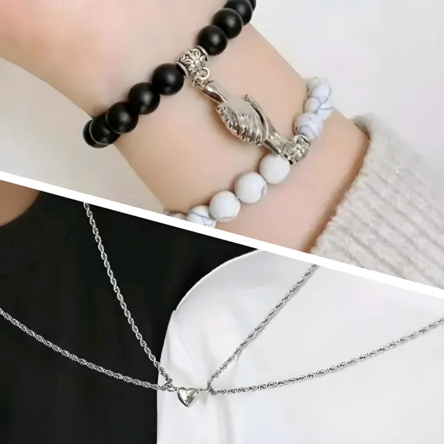 Magnetic Love & Distance Couple's Jewelry Set (Heart Necklaces & Interlocking Hand Bracelets)
