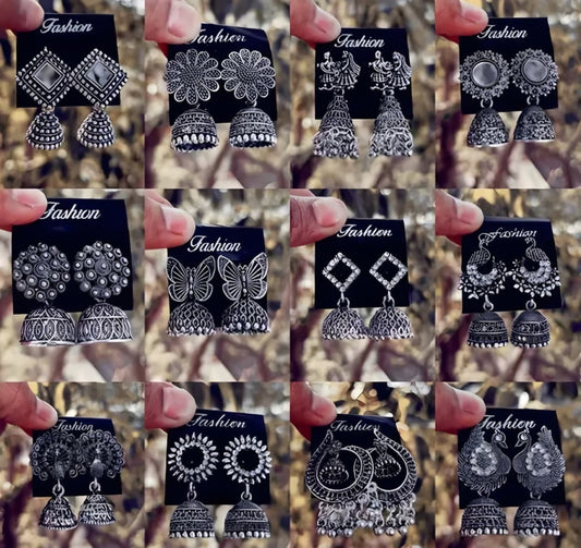 Oxidized Silver Jhumka & Stud Earrings Combo – 12 Pairs