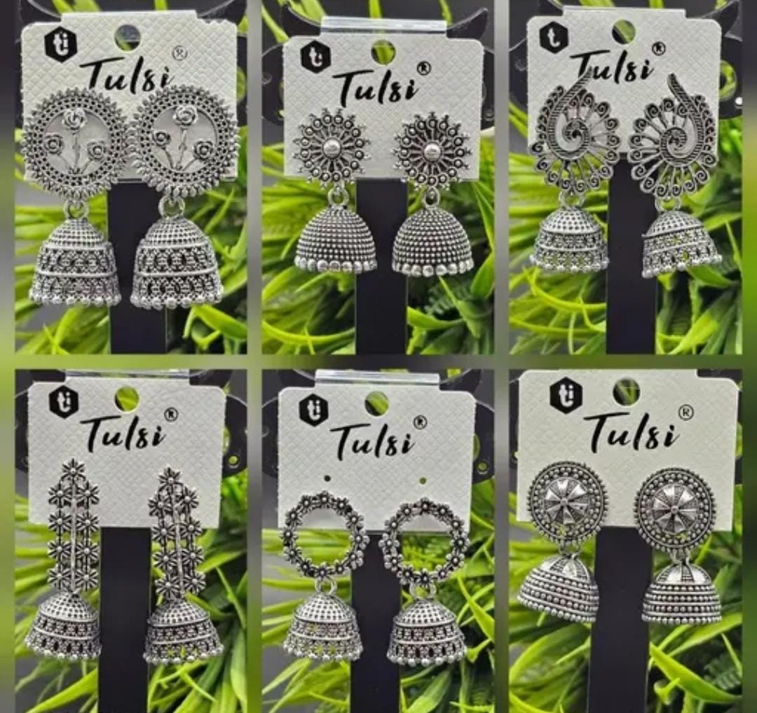 Enamel Oxidized Silver Jumkha Earrings Combo Of 6