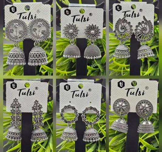 Enamel Oxidized Silver Jumkha Earrings Combo Of 6