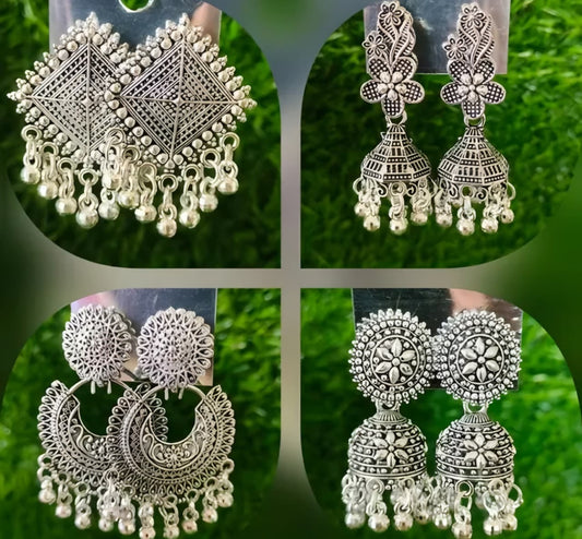4-Combo Silver Oxidised Design Earrings For Women & Girls.