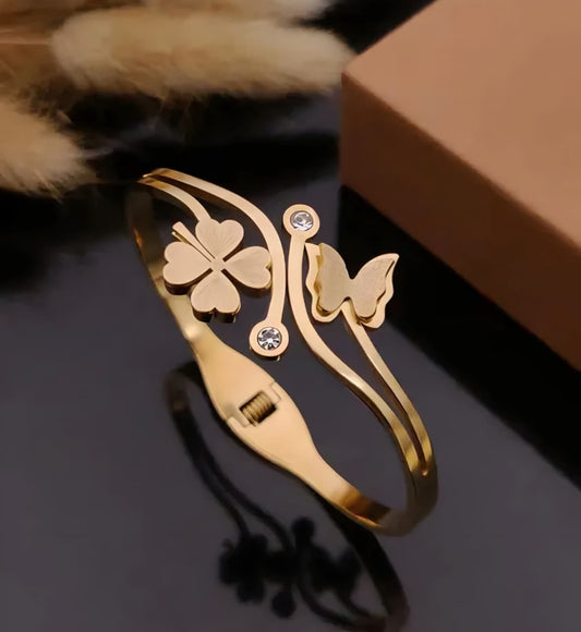 Lucky Clover & Butterfly Gold Cuff Bracelet – Crystal Accent Adjustable Bangle