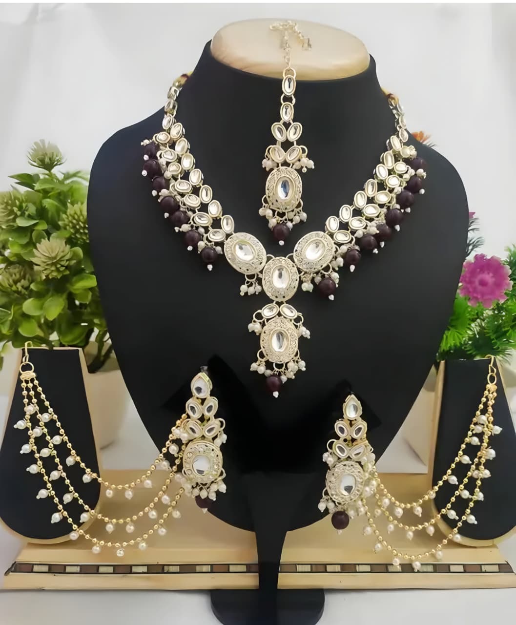 Royal Kundan Bridal Necklace Set with Green Beads, Earrings & Maang Tikka