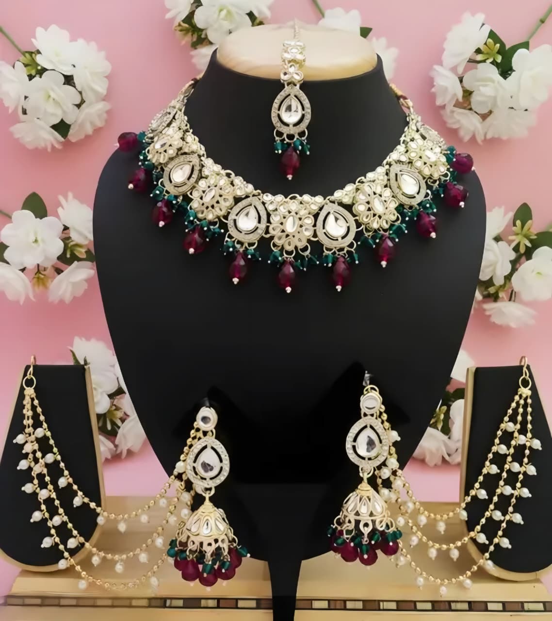 Royal Kundan Bridal Jewellery Set with Ruby & Emerald Beads – Premium Wedding Collection