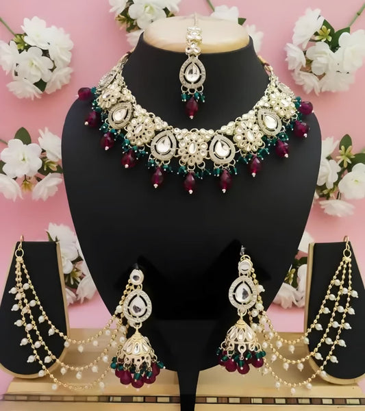 Royal Kundan Bridal Jewellery Set with Ruby & Emerald Beads – Premium Wedding Collection