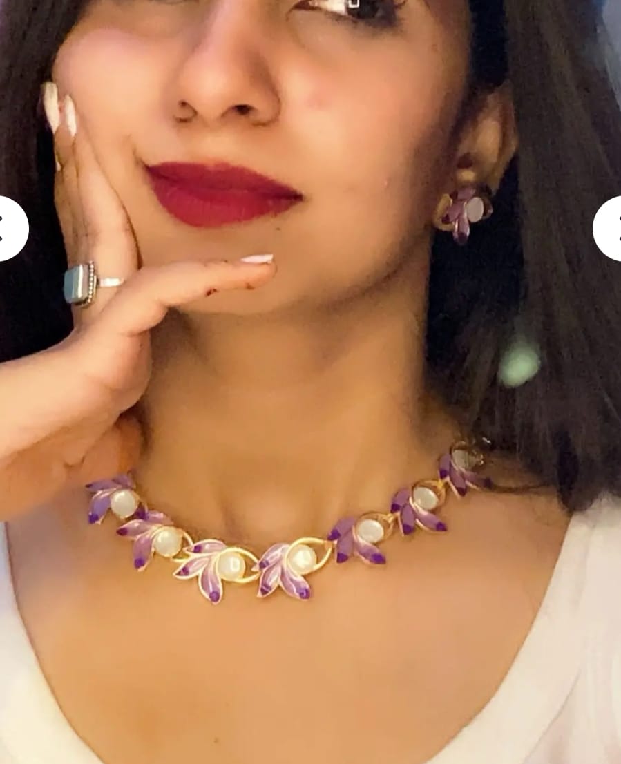 Elegant Modern Floral Pearl Blue & Purple Leaf Necklace Set