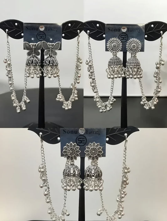 Trending Oxidized Silver Jhumka Earrings with Ear Chain – Party Wear Design 3 Combo