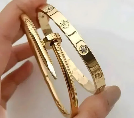 Luxury Nail Bangle Bracelet Set – Gold-Tone Minimal Stack Bangles (Set of 2)