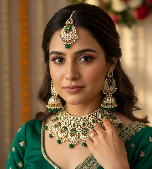 Elegant Green & Gold Premium Kundan Bridal Jewellery Set – Luxury Traditional Design