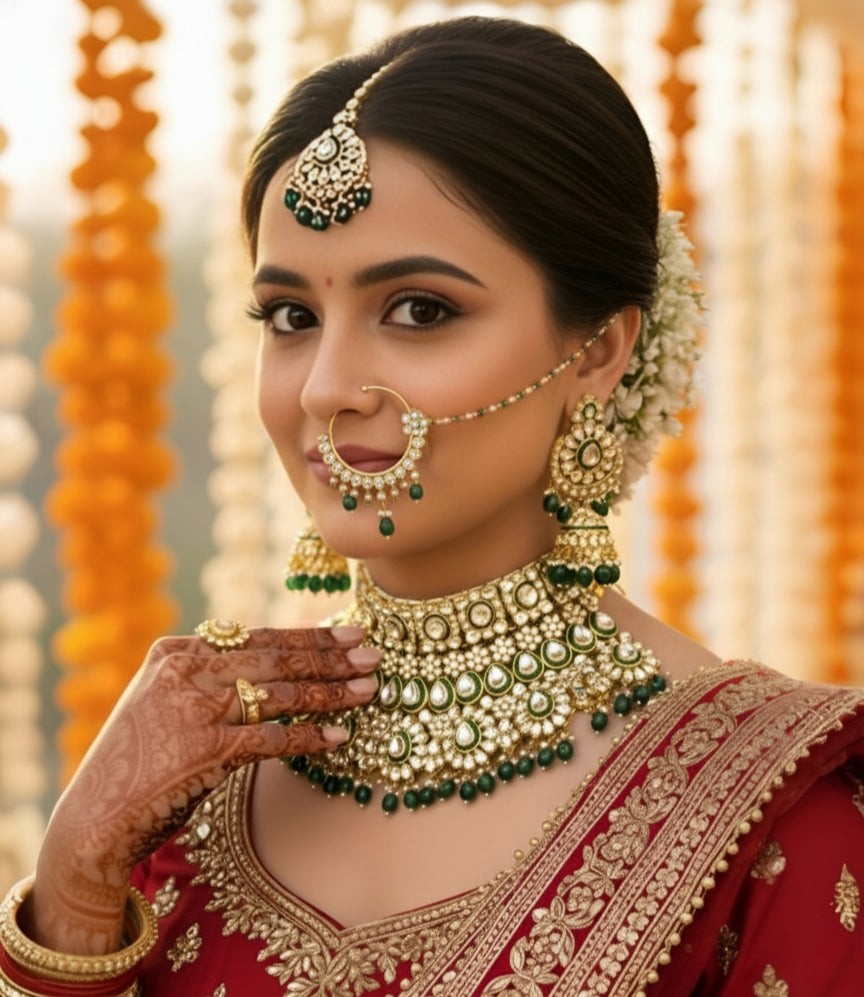 Exquisite Kundan & Meenakari Bridal Necklace Set with Premium Emerald Green Drops