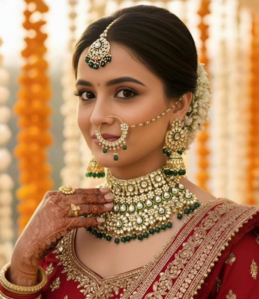 Exquisite Kundan & Meenakari Bridal Necklace Set with Premium Emerald Green Drops